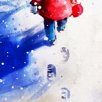 digital painting of little girl walking in winter outdoor, watercolor on paper texture