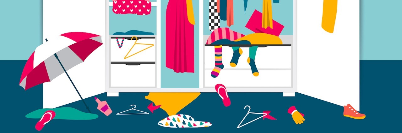 Becoming Messy and Disorganized When You Have a Mental Illness drawing of a messy closet