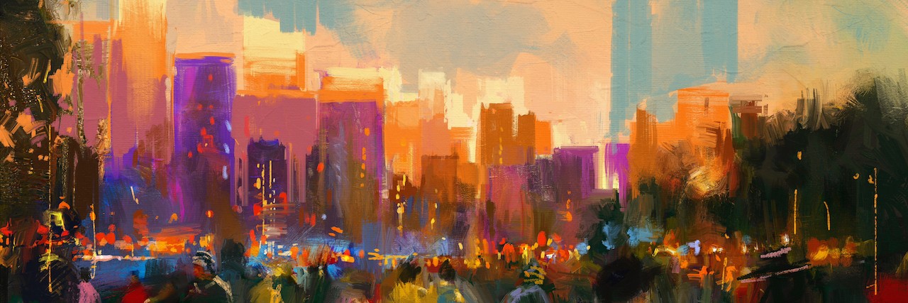 colorful painting of a city skyline with people