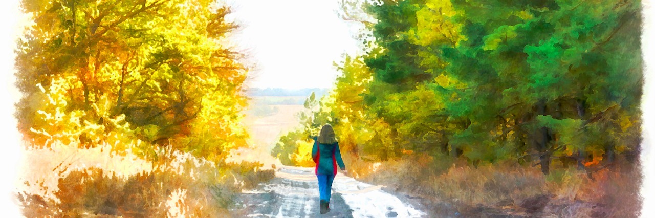 What Loves Feels Like for Me as an Autistic Woman Watercolor illustration of woman walking on road through forest
