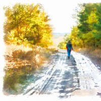 Watercolor illustration of woman walking on road through forest