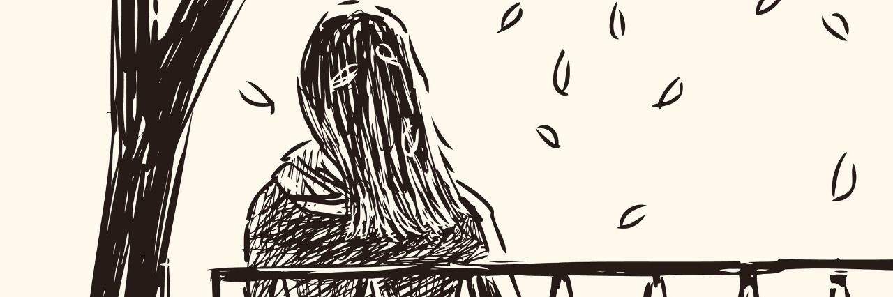 Asking for Help for My Struggles as an Adult on the Autism Spectrum Illustration of woman sitting on bench under tree with falling leaves