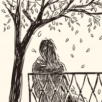 Illustration of woman sitting on bench under tree with falling leaves