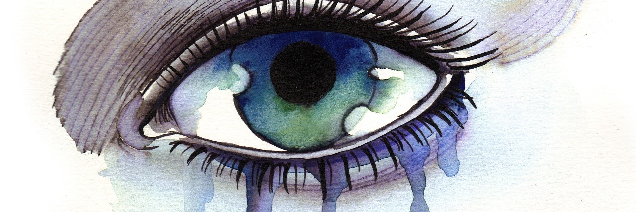 Crying and Grieving Losses Due to Fibromyalgia watercolor painting of an eye crying