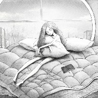 pencil drawing of a girl hugging her pillow while sitting on the bed