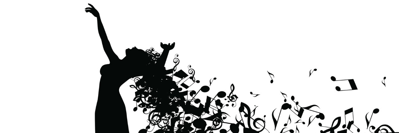Silhouette of Opera Singer with Long Hair Like Musical Notes.