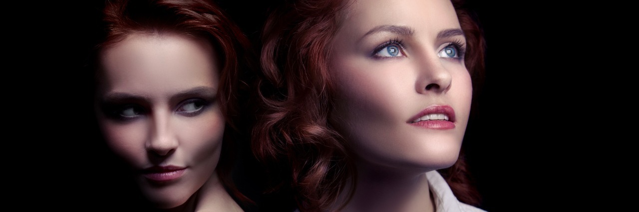 Anxiety Feels Like an Evil Twin one woman looking peaceful and one woman looking evil