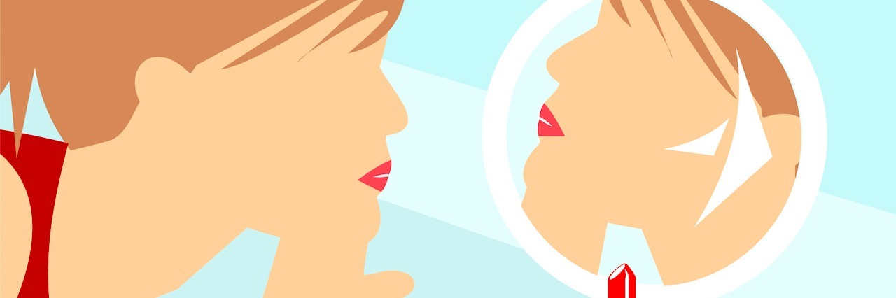 A illustration of a woman looking in the mirror and putting on lipstick
