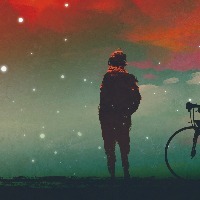 illustration of man with bicycle standing against red clouds in the sky