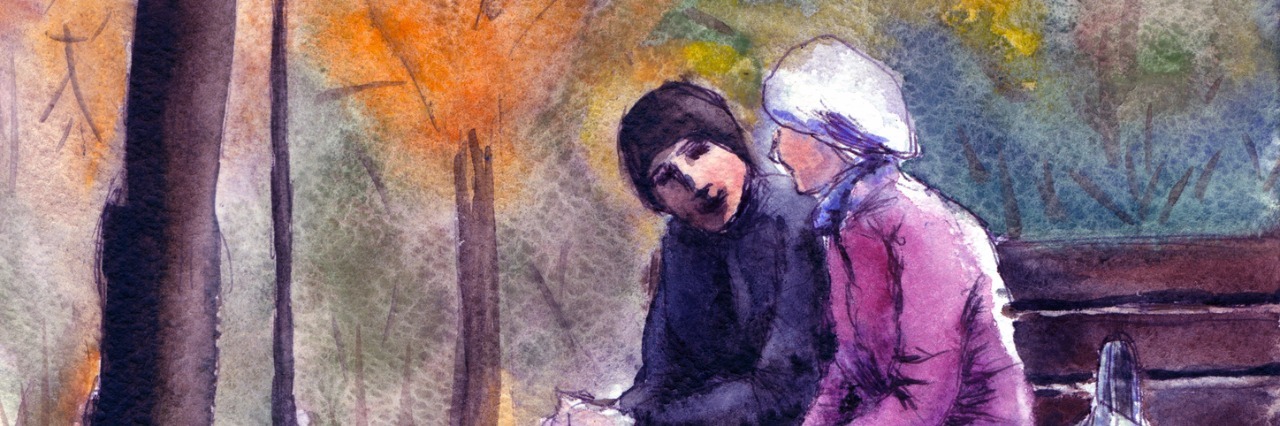 Illustration of man and woman sitting on park bench on autumn day