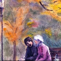 Illustration of man and woman sitting on park bench on autumn day