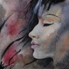 Watercolor portrait of a girl in profile with her eyes closed on a colorful background