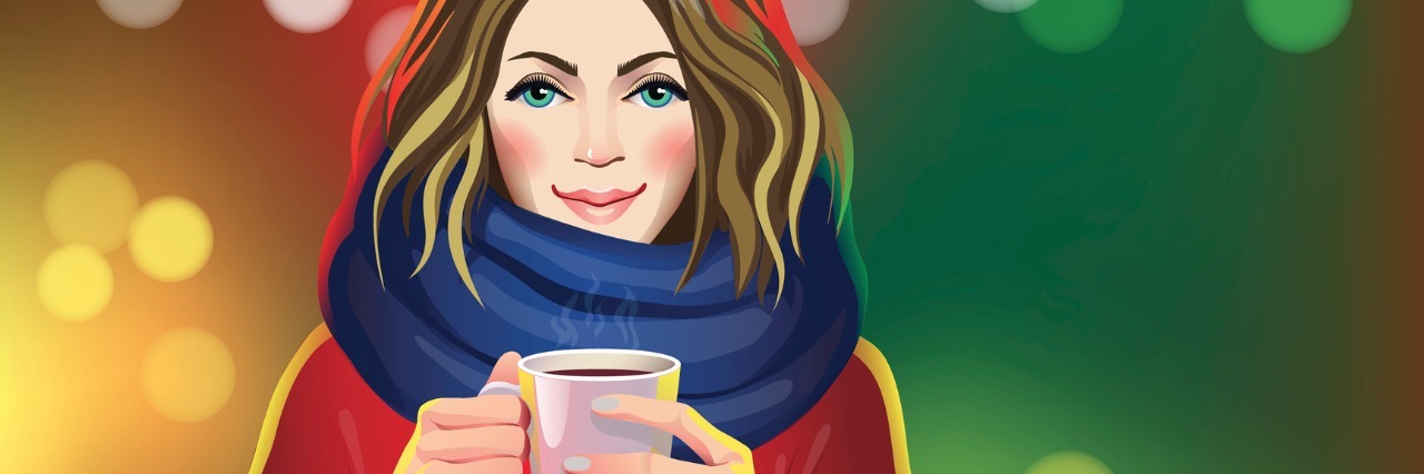 illustration of woman in red sweater smiling and holding a mug in front of colorful background