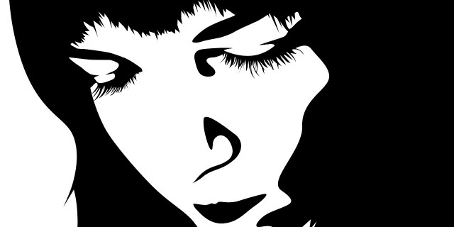 black and white illustration of woman looking down