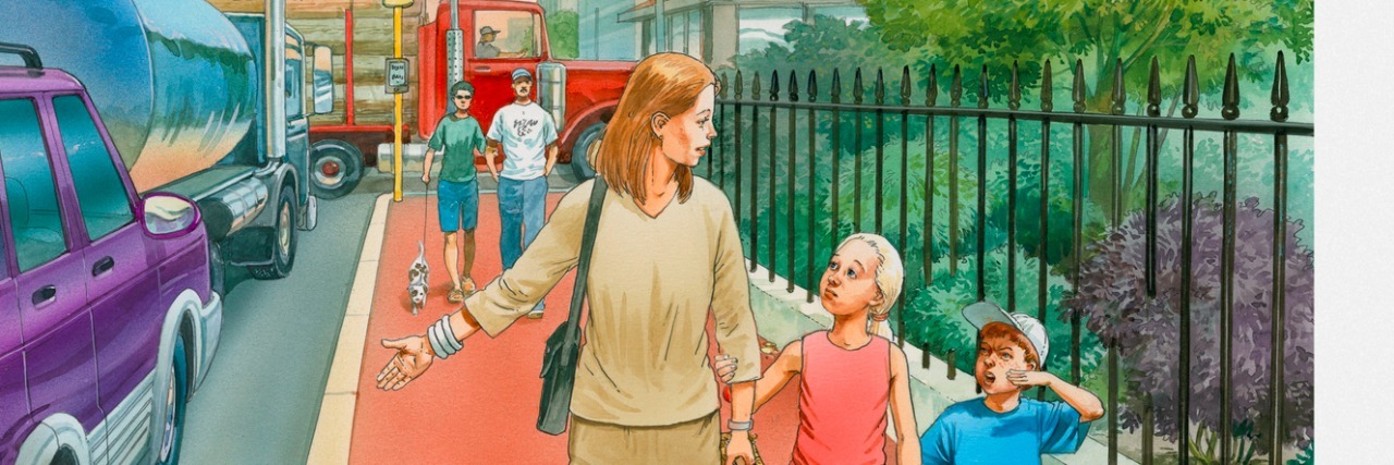 Moms of Kids With Special Needs Are Not Your Momspiration Illustration of woman and two children walking on pavement along street full of cars and trucks with fumes clouding the sky