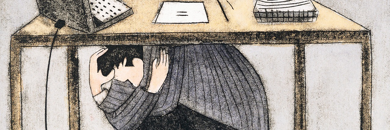 Anxiety When Someone Asks to Talk to You at Work Businessman hiding under a desk