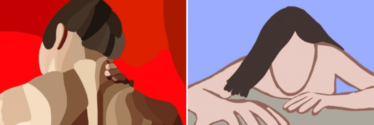 Day in the Life With Fibromyalgia Symptoms drawing of woman holding her neck, next to a drawing of a woman crawling on a table