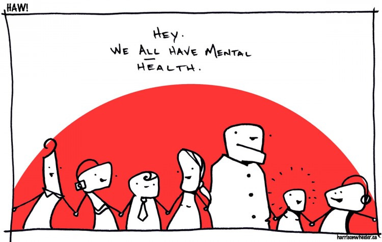 Illustration of people with the text "Hey. We all have mental health."