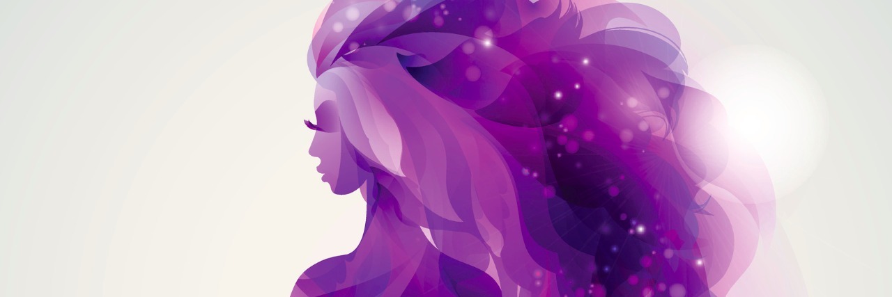 abstract purple decorative composition with girl with red hair