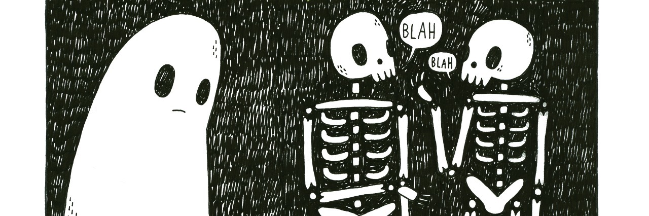 The Sad Ghost Club Uses Comics to Create a Mental Health Community Ghost with two skeletons which says "The Sad Ghost Club's Guide to Making Friends. Rule Number 1: It's OK to be yourself."