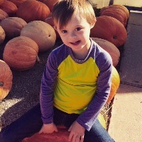 a boy sitting in a pumpkin patch