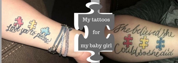 a mothers two tattoos on her forearms dedicated to her daughter on the autism spectrum