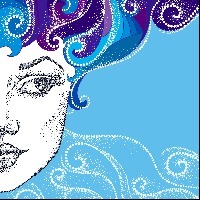 drawing of half of woman's face with purple and blue hair