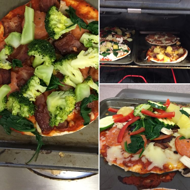 Pizza topped with vegetables that the author's class made