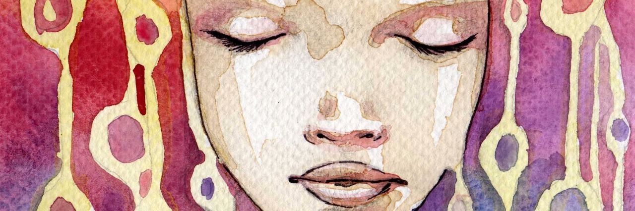 Response When People Say I'm Too Young to Be Sick watercolor portrait of woman's face with rainbow pattern behind her