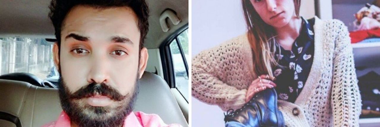 25 Pictures of Real People With Ehlers-Danlos Syndrome (left) a man with dark hair and facial hair from the chest up, wearing a pink shirt; (right) a white woman with long light brown hair wearing a brown sweater, genes and black boots pulls her foot up to her chest