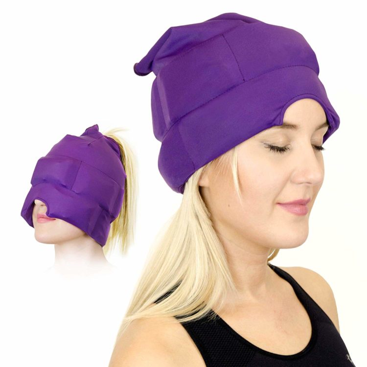 woman with blonde hair wearing a purple migraine hat