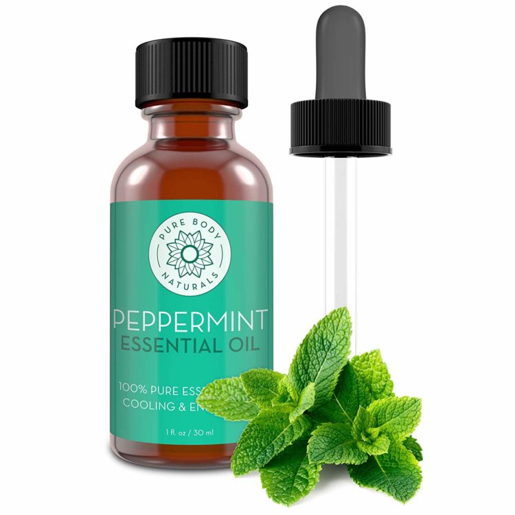 peppermint oil bottle with peppermint leaves next to it