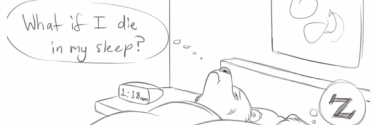 Holly Hindle's Bear Minimum Comic Illustrates Depression and Anxiety Cartoon of two bears laying in a bed. One bear is awake, with her eyes wide open and a thought bubble that says "What if I die in my sleep?"