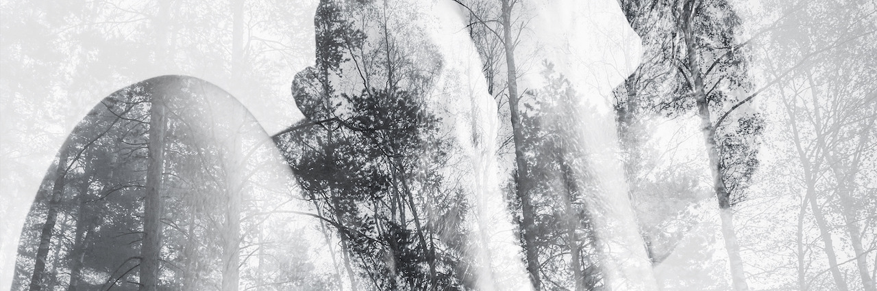 Strong young man hides behind his blocking hands, double exposure photo combined with wild forest landscape