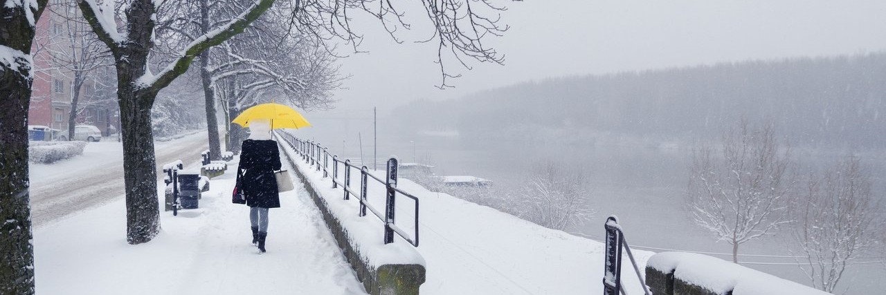 Woman walking with umbrella on snowy winter day