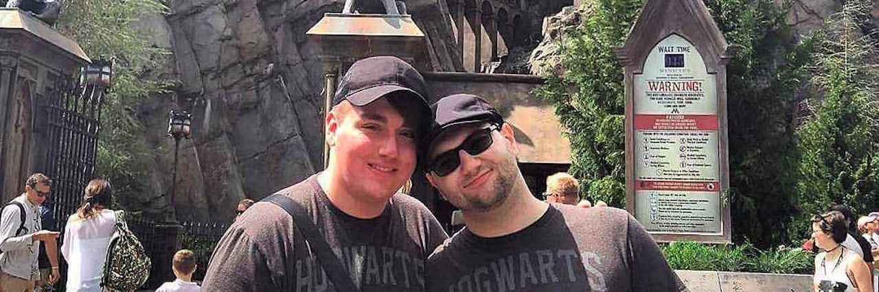 Why We Need to Laugh at Fibromyalgia Brain Fog two men at the wizarding world of harry potter