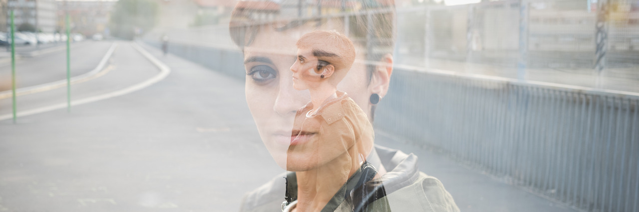 When You Live With Anorexia but You Look 'Healthy' Double exposure half length portrait of young, brown, straight hair woman