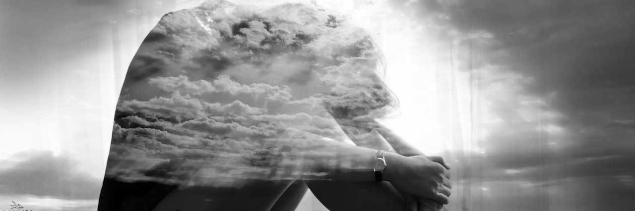 What It's Like to Have a Self-Esteem Attack .Double exposure young woman sitting on floor,Sad concept