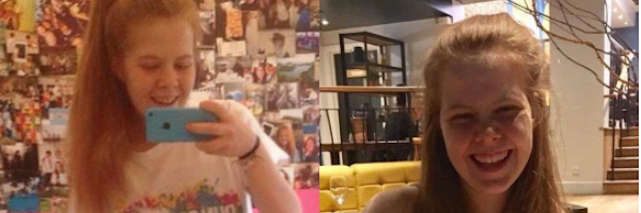side by side images of a young woman at home and eating a meal
