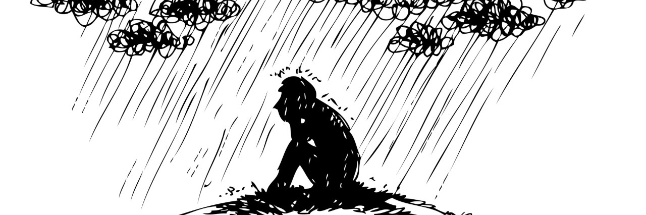 sketch of man under stormy rainy clouds