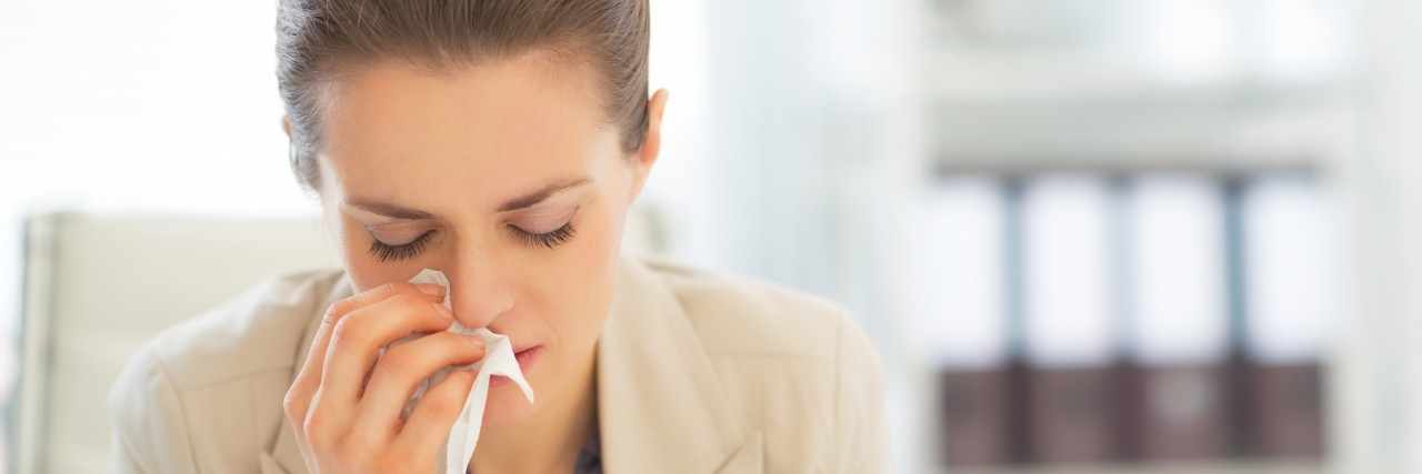 Letter to People Who Go to Work Sick, From Woman With Multiple Myeloma portrait of ill business woman at work