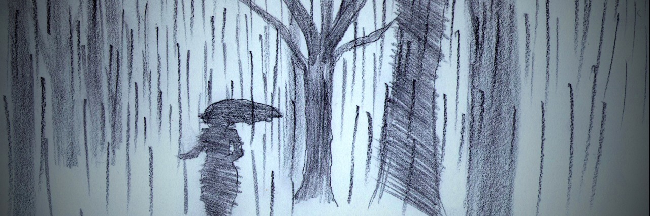 Illustration of woman with umbrella walking through forest in the winter