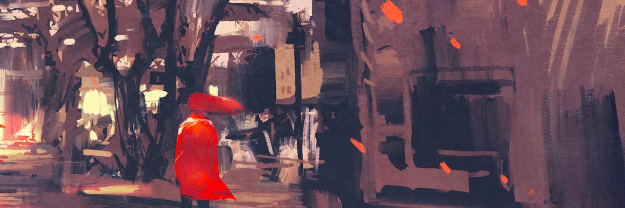 Illustration of woman in red standing on city street with falling autumn leaves