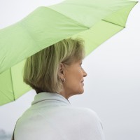 Woman With Green Umbrella Against Clear Sky