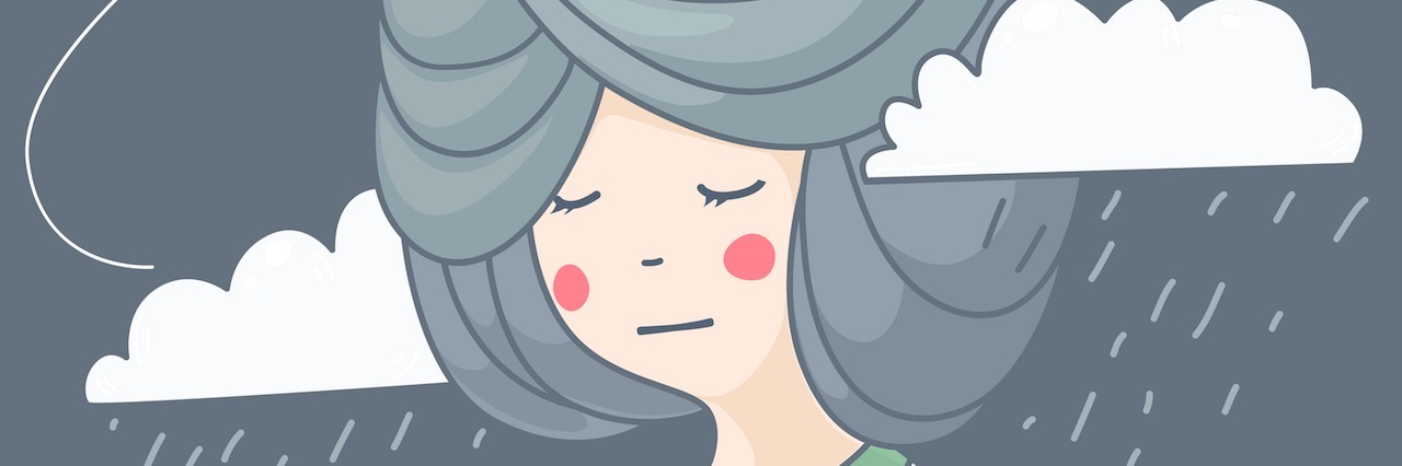 Why It's OK That I Take Medication for Anxiety and Depression illustration of woman with rainy clouds and her thoughts,