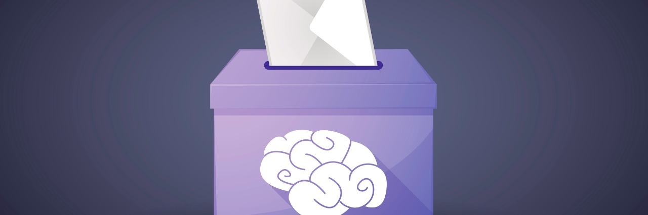 Illustration of a ballot box with a vote and a brain