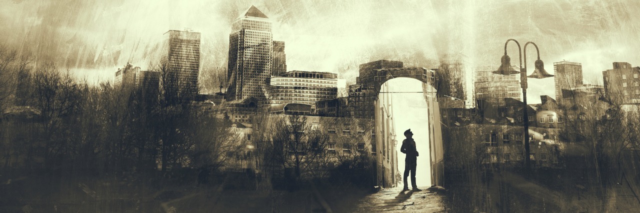 illustration of a man waking in a dark city