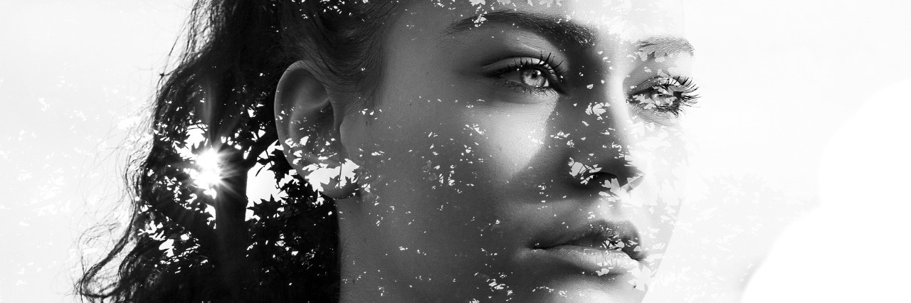 Effects of Rheumatoid Arthritis on Mental Health double exposure of a woman looking into the distance and black and white leaves