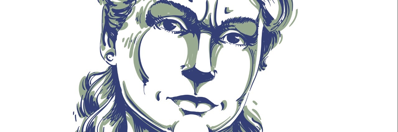 blue and white illustration of woman looking upset