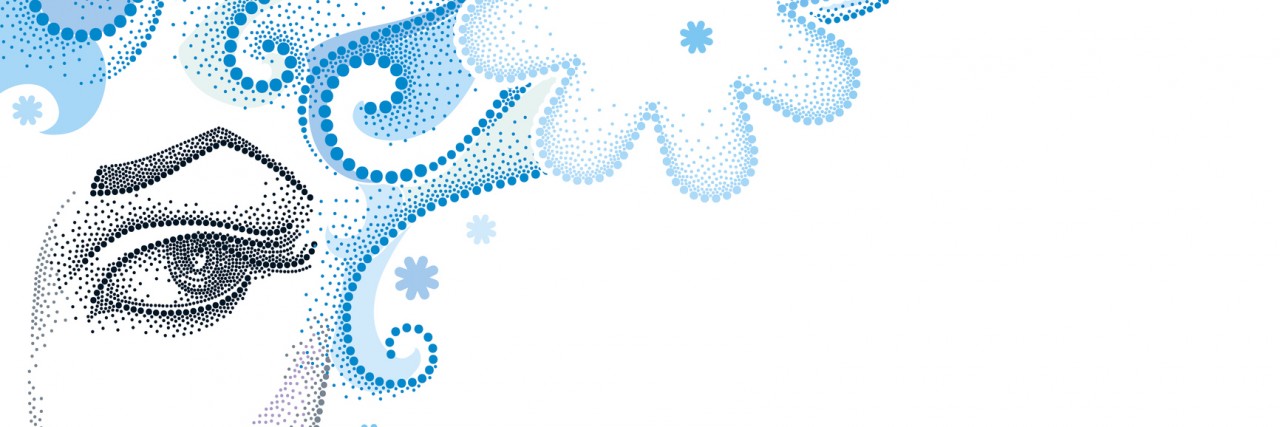 Vector illustration of half dotted beautiful girl face with snowflake and blue curly hair isolated on white. Winter background in dotwork style.